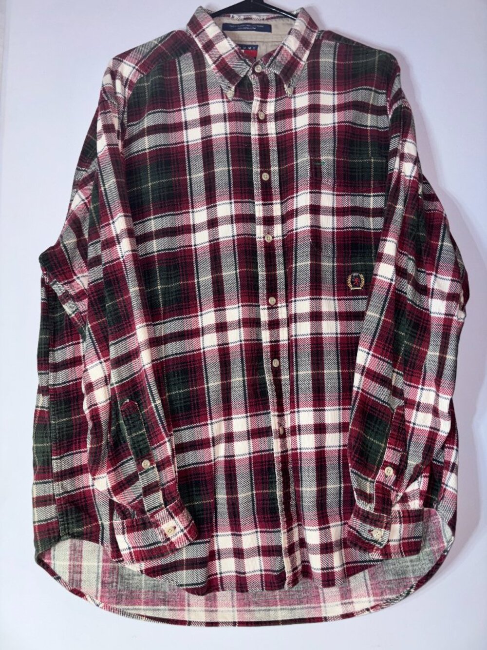 Tommy Hilfiger Plaid Flannel Shirt Mens L Maroon Red Black Long Sleeve